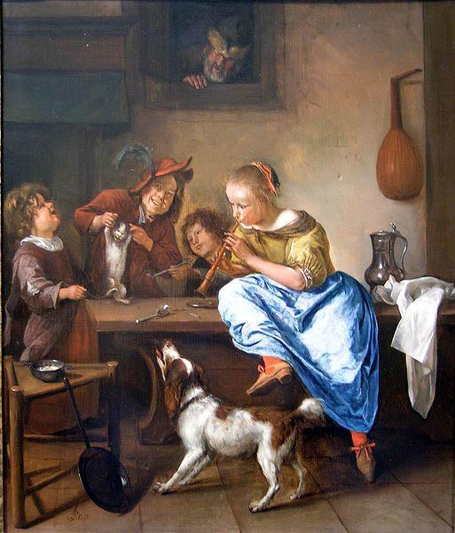 Jan Steen Children teaching a cat to dance oil painting image